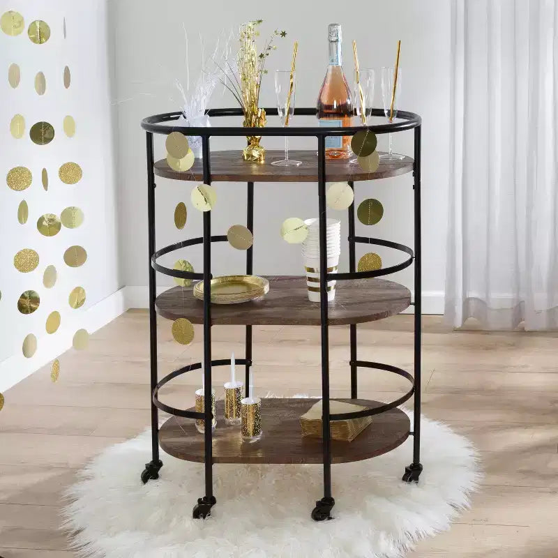Desserte de bar ovale à 3 niveaux Noyer