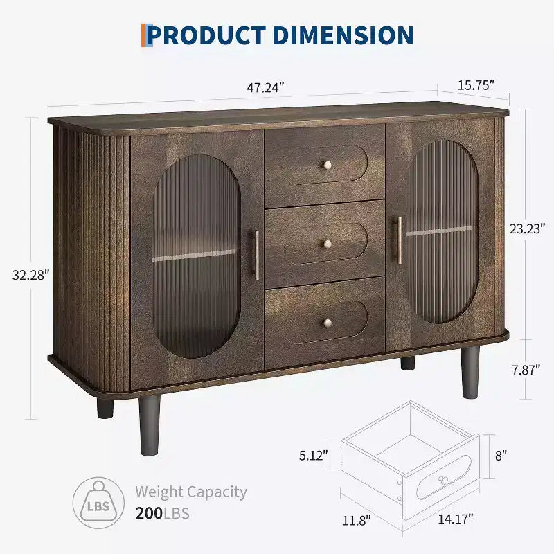 Buffet de rangement avec 2 portes en verre cannelé et 3 tiroirs