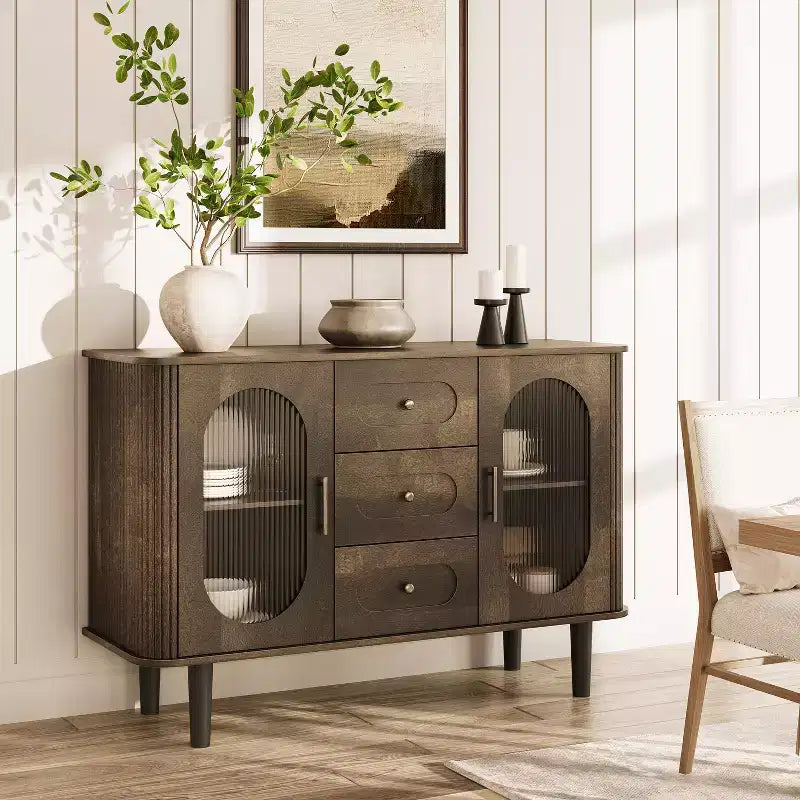 Buffet de rangement avec 2 portes en verre cannelé et 3 tiroirs