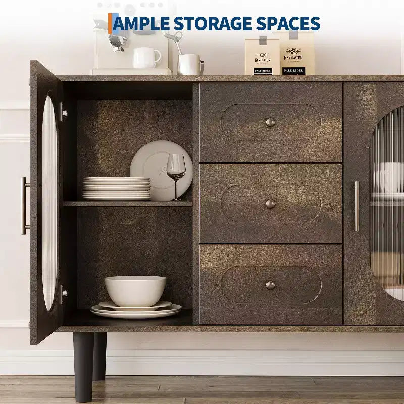 Buffet de rangement avec 2 portes en verre cannelé et 3 tiroirs