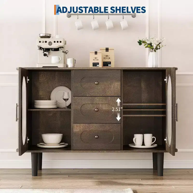 Buffet de rangement avec 2 portes en verre cannelé et 3 tiroirs