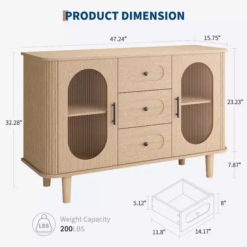 Buffet de rangement avec 2 portes en verre cannelé et 3 tiroirs