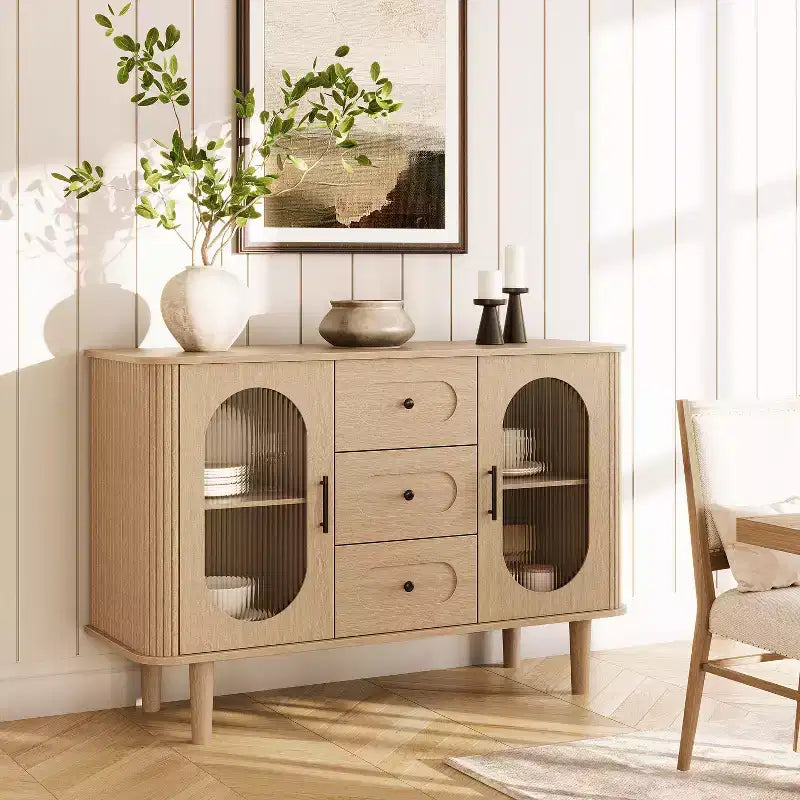 Buffet de rangement avec 2 portes en verre cannelé et 3 tiroirs