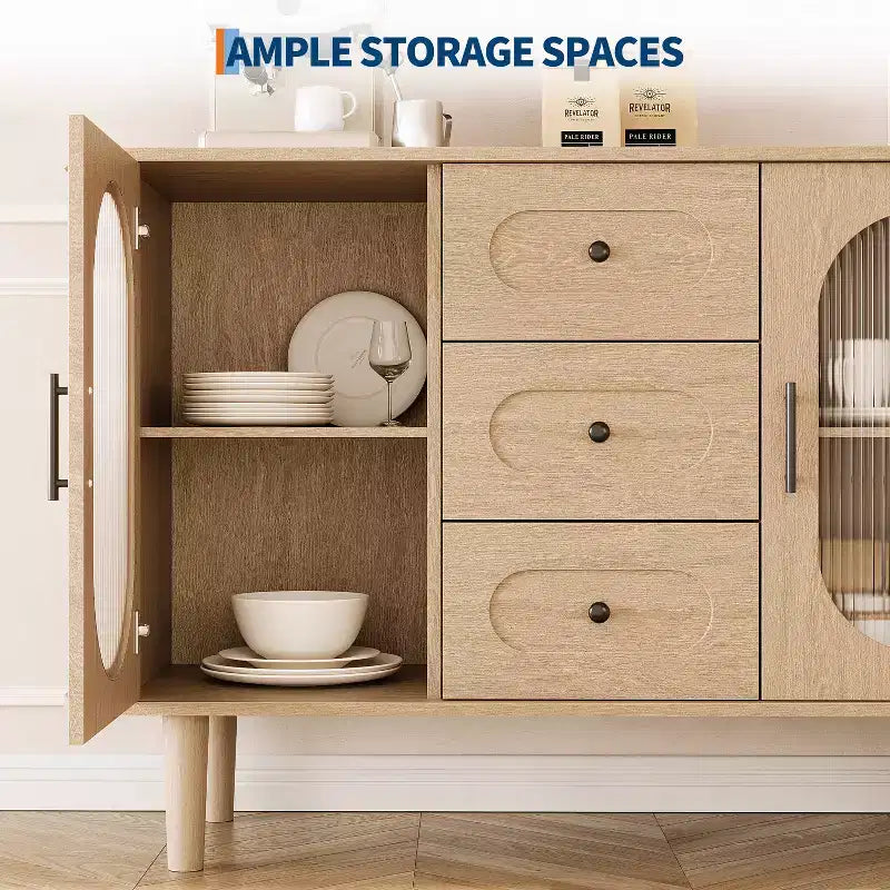 Buffet de rangement avec 2 portes en verre cannelé et 3 tiroirs