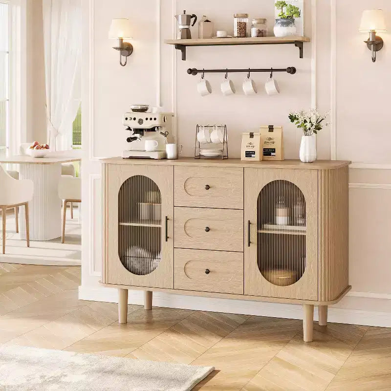 CuisinSmart Sideboard Buffet Cabinet with 2 Fluted Glass Doors&3 Drawers, Farmhouse Accent Coffee Bar with Adjustable Shelves for Kitchen Living Room