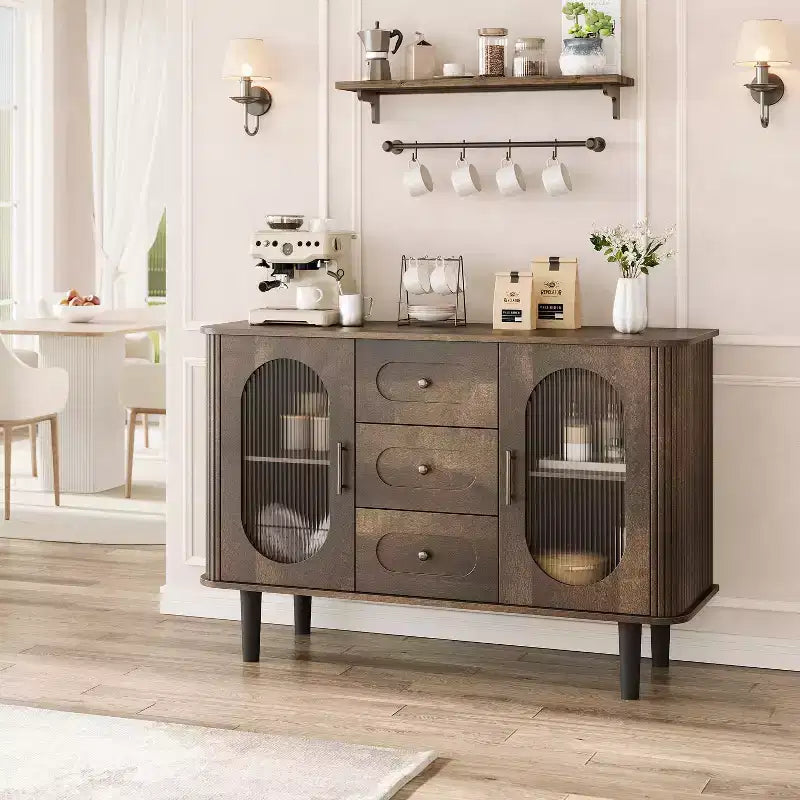 Buffet de rangement avec 2 portes en verre cannelé et 3 tiroirs