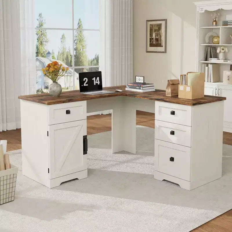 Bureau de direction en L, armoire de rangement et poste de travail informatique d'angle