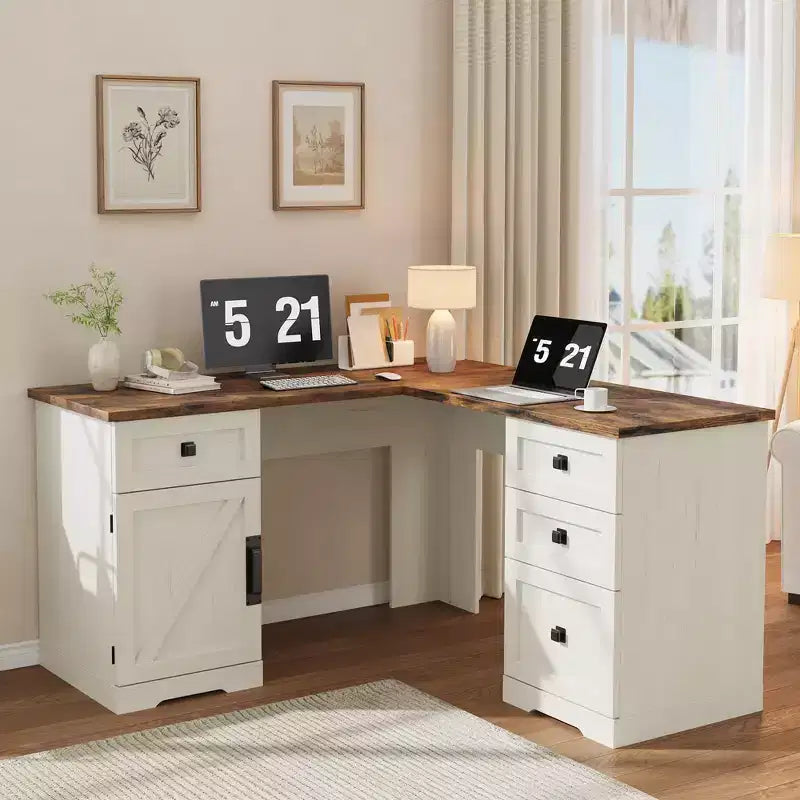 Bureau de direction en L, armoire de rangement et poste de travail informatique d'angle