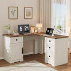 Bureau de direction en L, armoire de rangement et poste de travail informatique d'angle