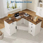 Bureau de direction en L, armoire de rangement et poste de travail informatique d'angle
