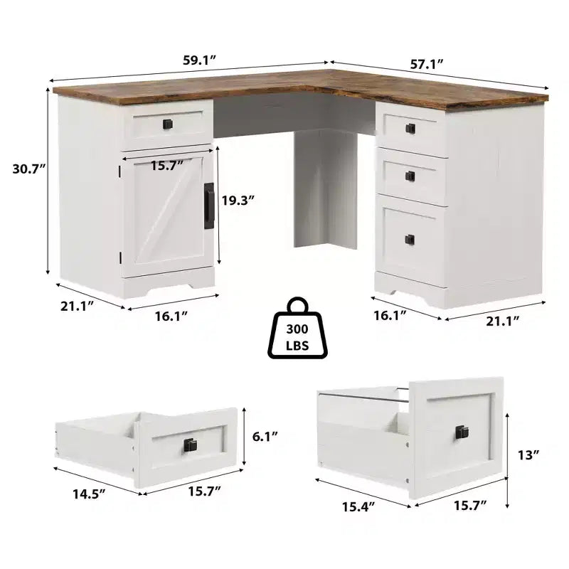 Bureau de direction en L, armoire de rangement et poste de travail informatique d'angle