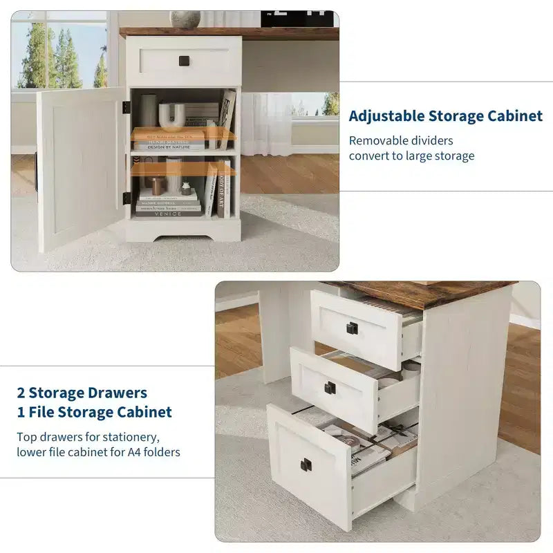 Bureau de direction en L, armoire de rangement et poste de travail informatique d'angle