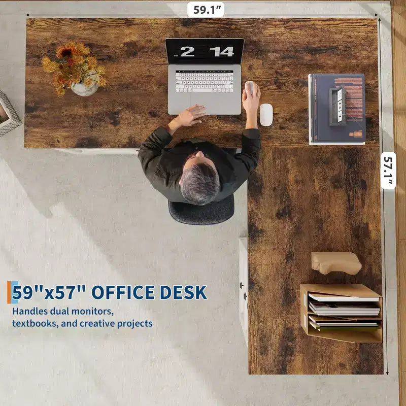 Bureau de direction en L, armoire de rangement et poste de travail informatique d'angle