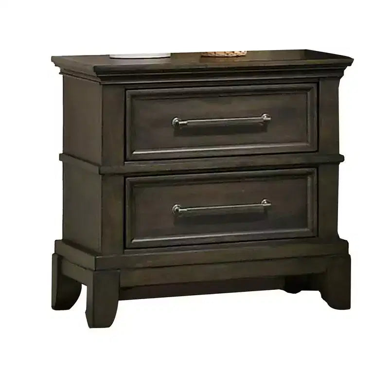 Table de chevet, 2 tiroirs, poignées en étain, moulure couronnée en bois
