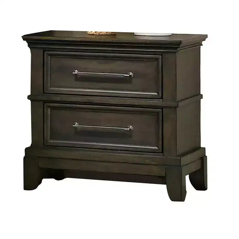 Table de chevet, 2 tiroirs, poignées en étain, moulure couronnée en bois
