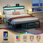 Cadre de lit plateforme en métal noir avec tête de lit de rangement, lumière LED et recharge intégrée
