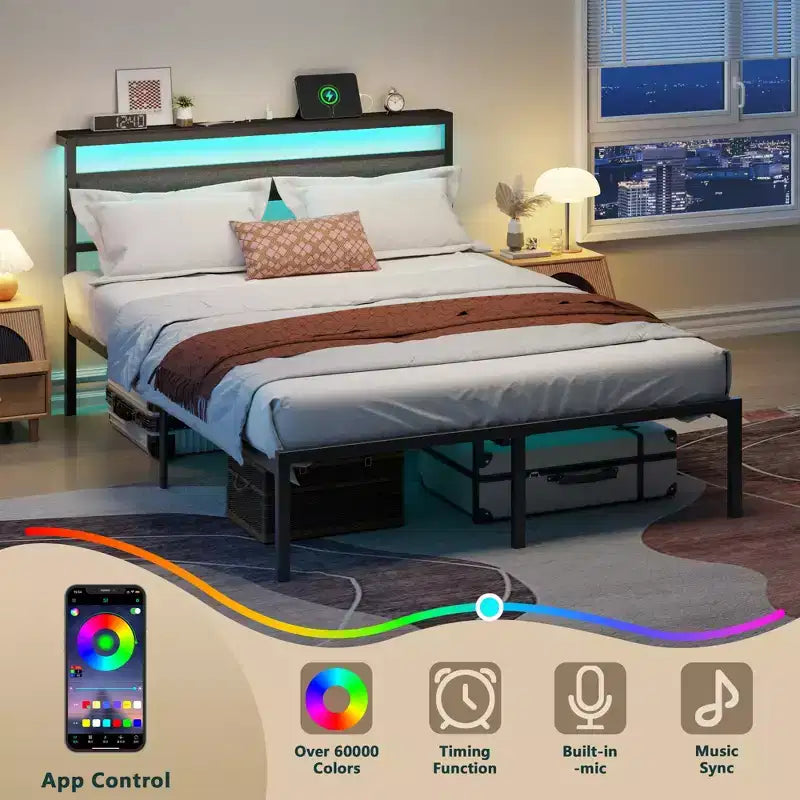 Cadre de lit plateforme en métal noir avec tête de lit de rangement, lumière LED et recharge intégrée