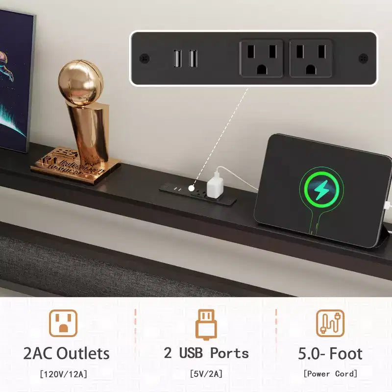 Cadre de lit plateforme en métal noir avec tête de lit de rangement, lumière LED et recharge intégrée