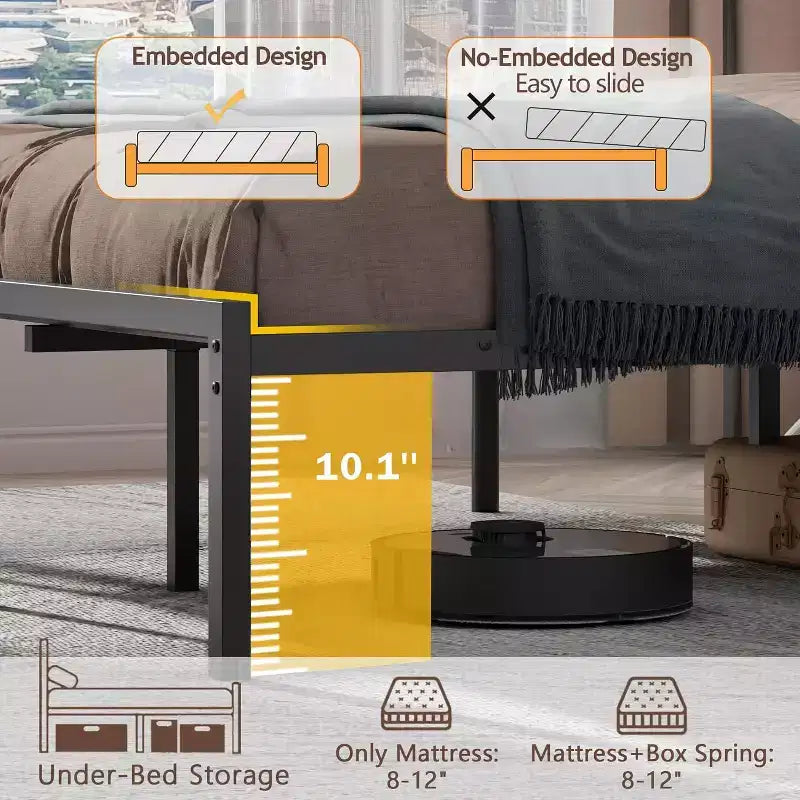 Cadre de lit plateforme en métal noir avec tête de lit de rangement, lumière LED et recharge intégrée