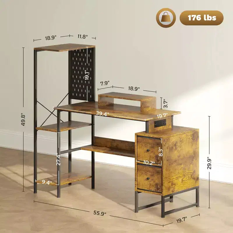 Bureau d'ordinateur avec rangement, table d'ordinateur avec prises de courant et lumières LED