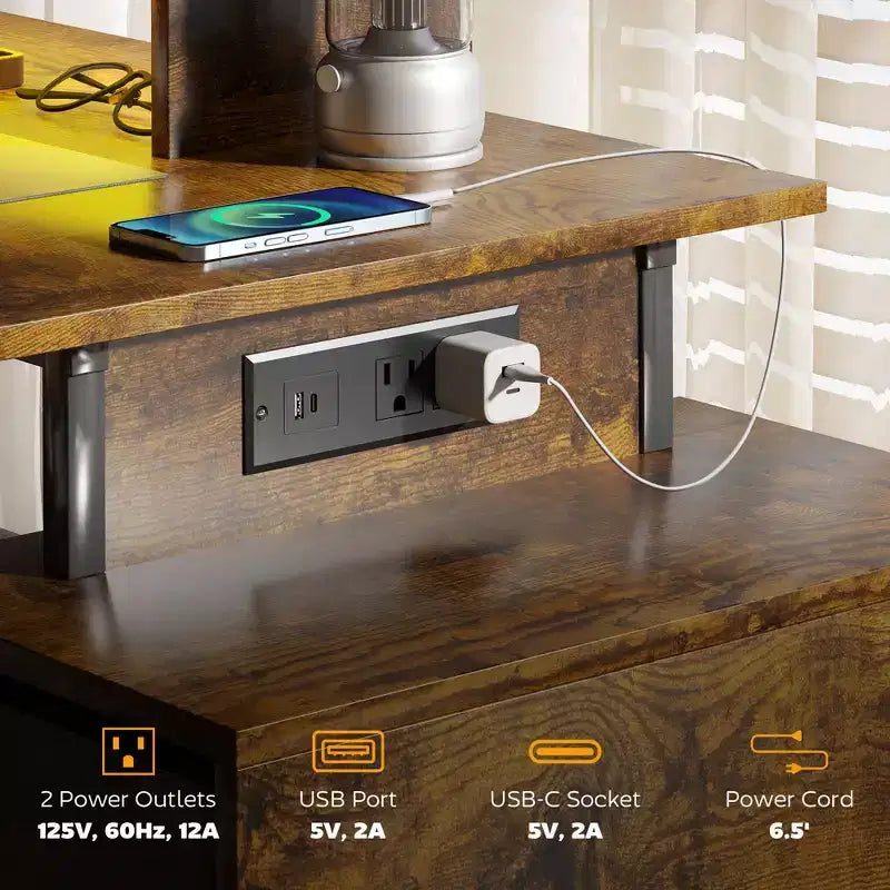 Bureau d'ordinateur avec rangement, table d'ordinateur avec prises de courant et lumières LED