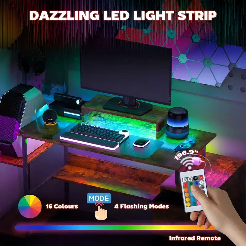 Bureau d'ordinateur avec rangement, table d'ordinateur avec prises de courant et lumières LED