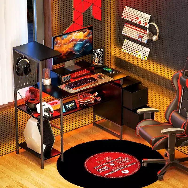 Bureau d'ordinateur avec rangement, table d'ordinateur avec prises de courant et lumières LED