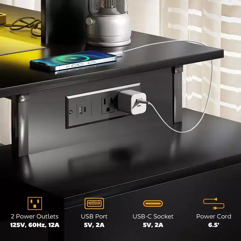 Bureau d'ordinateur avec rangement, table d'ordinateur avec prises de courant et lumières LED