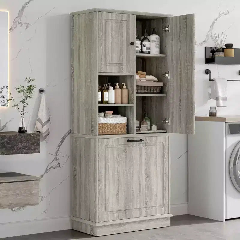 Meuble de Rangement Haut Étagères Réglables Panier Basculant MDF