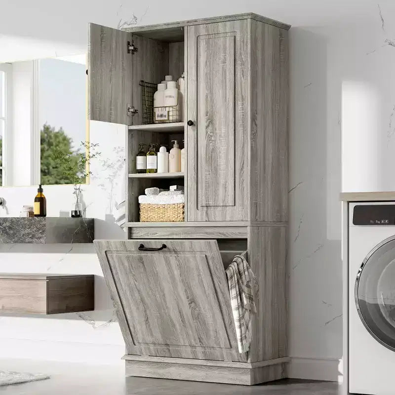 Meuble de Rangement Haut Étagères Réglables Panier Basculant MDF