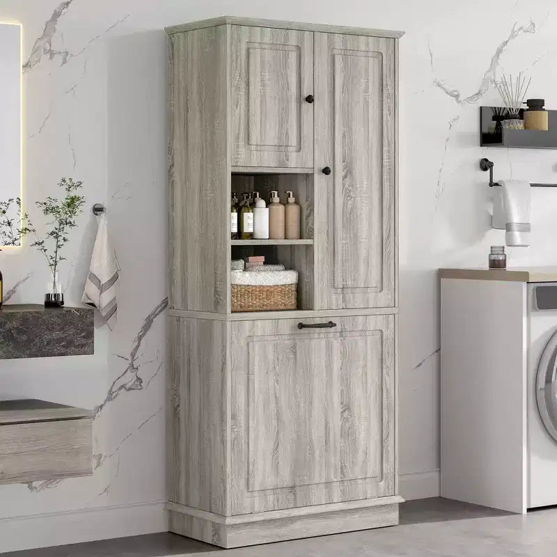 Meuble de Rangement Haut Étagères Réglables Panier Basculant MDF