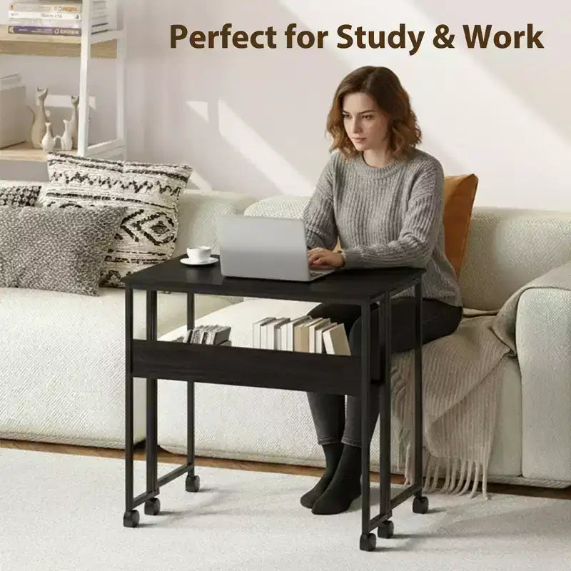 Bureau pliable petit bureau roulant avec étagère de rangement table d'ordinateur pliable