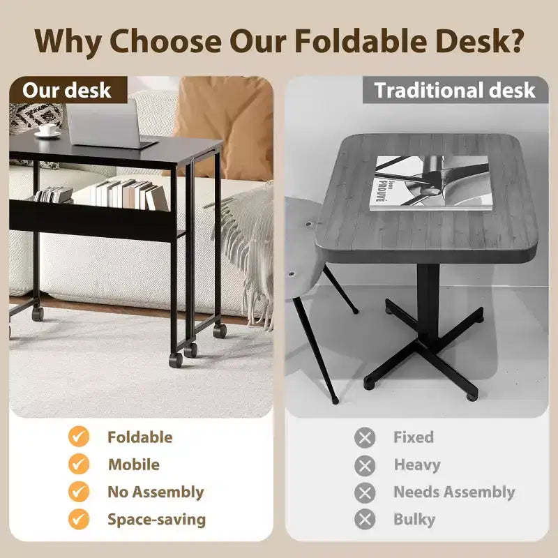 Bureau pliable petit bureau roulant avec étagère de rangement table d'ordinateur pliable