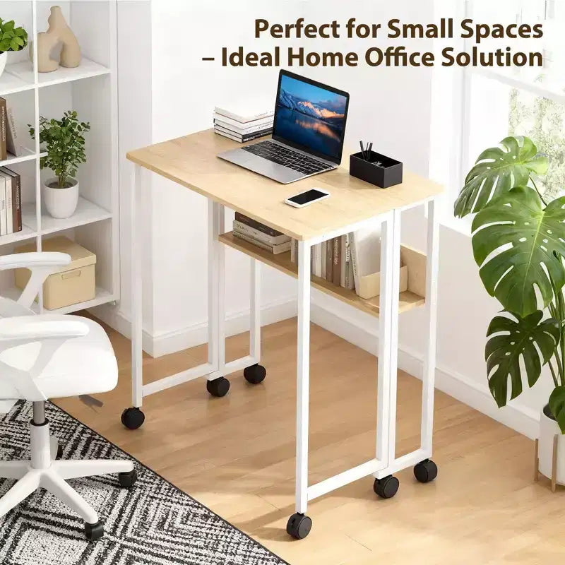 Bureau pliable petit bureau roulant avec étagère de rangement table d'ordinateur pliable