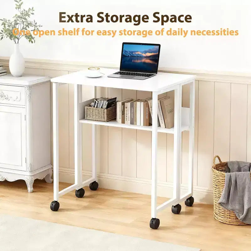 Bureau pliable petit bureau roulant avec étagère de rangement table d'ordinateur pliable