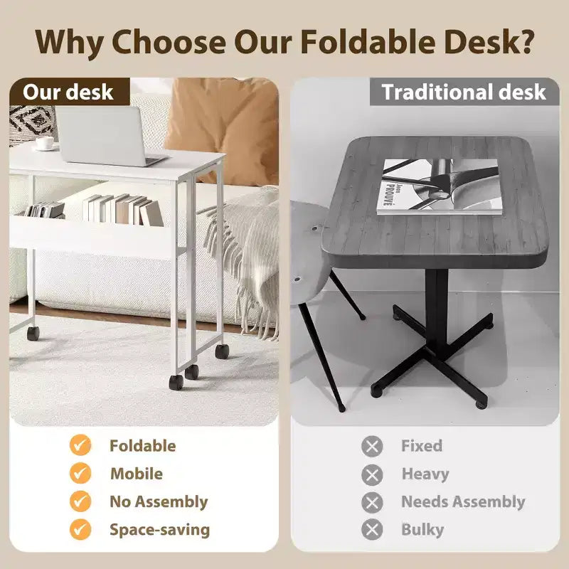 Bureau pliable petit bureau roulant avec étagère de rangement table d'ordinateur pliable