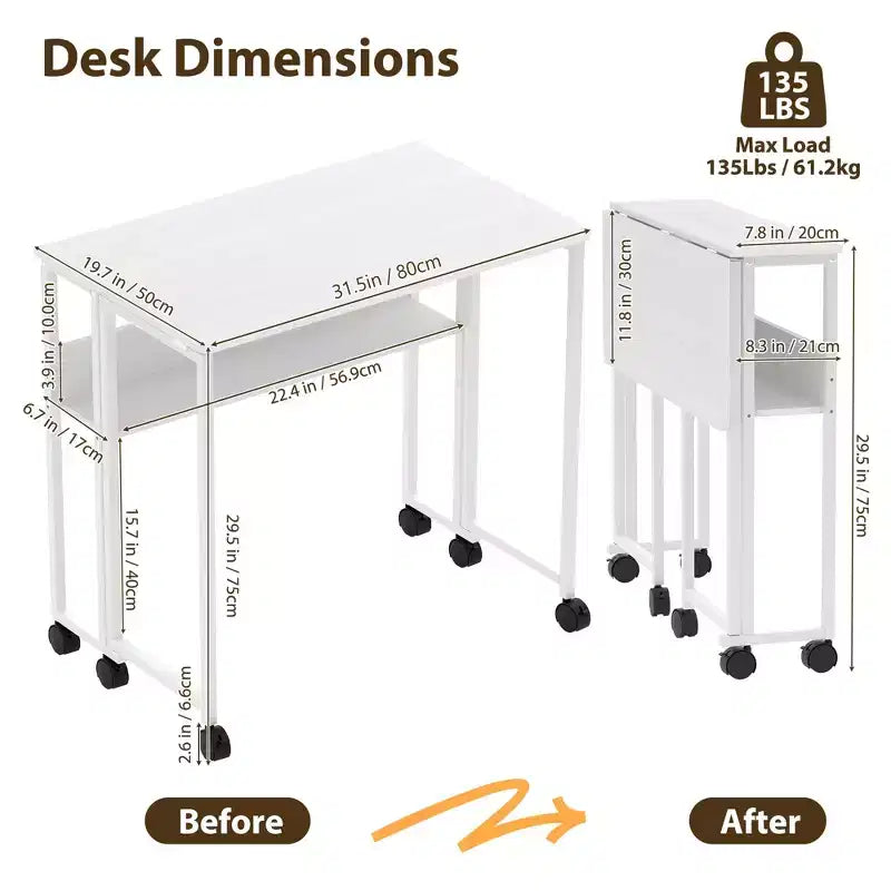 Bureau pliable petit bureau roulant avec étagère de rangement table d'ordinateur pliable