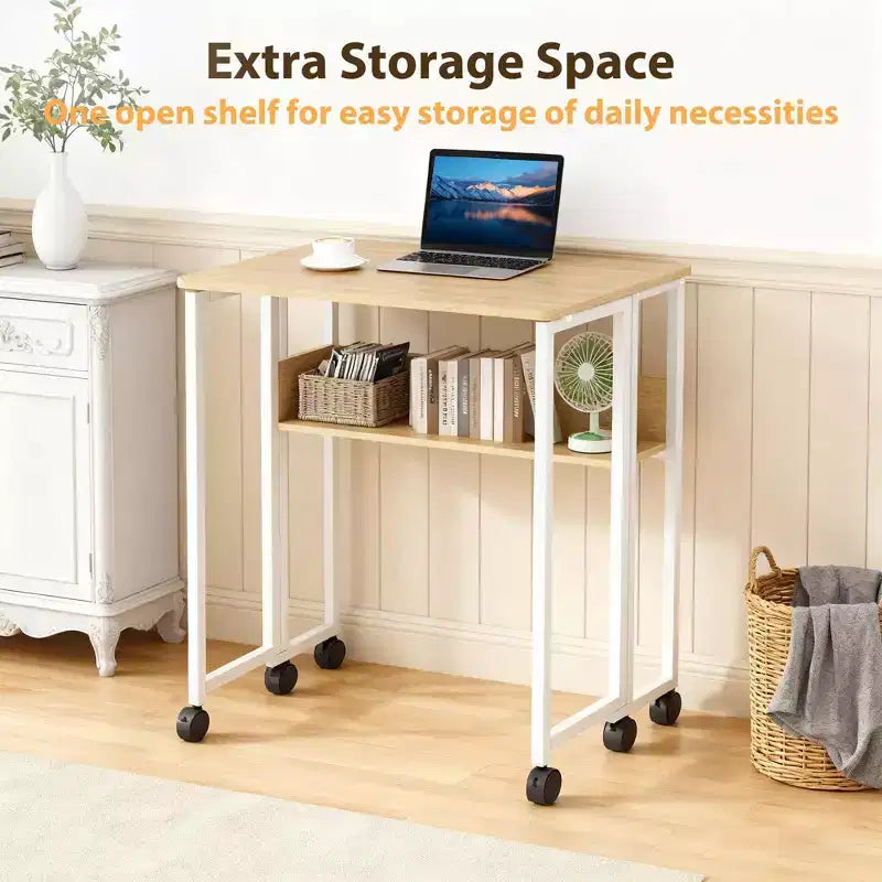 Bureau pliable petit bureau roulant avec étagère de rangement table d'ordinateur pliable