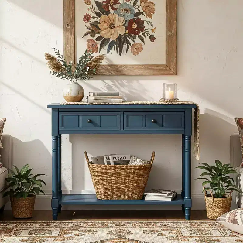 Console traditionnelle avec tiroirs et étagère, table d'entrée en pin de style vintage