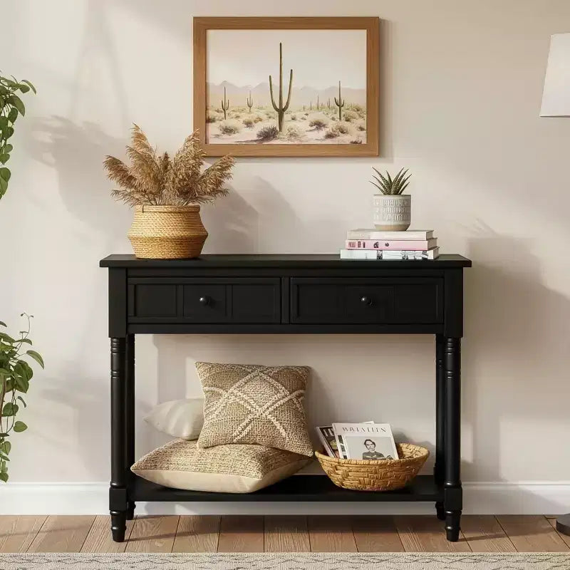 Console traditionnelle avec tiroirs et étagère, table d'entrée en pin de style vintage