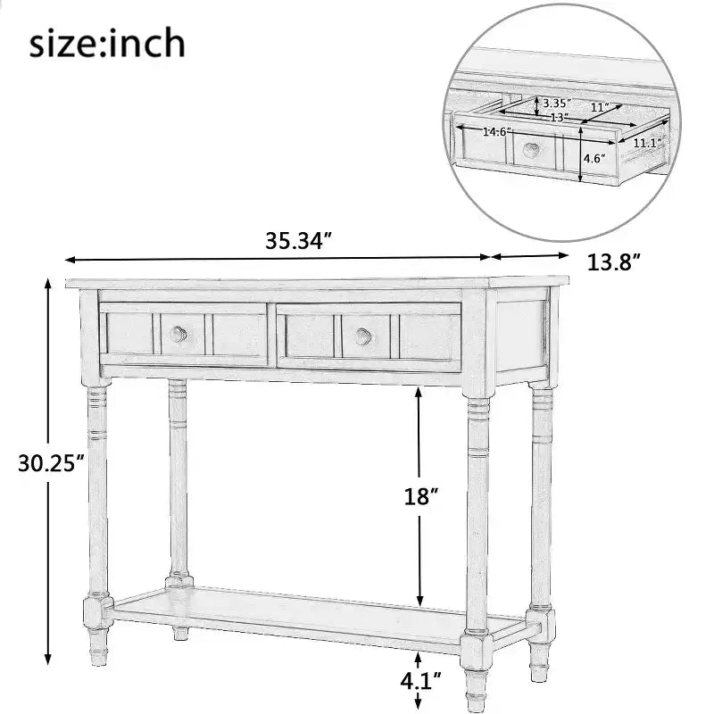 Console traditionnelle avec tiroirs et étagère, table d'entrée en pin de style vintage