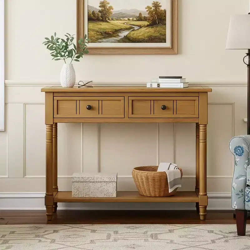 Console traditionnelle avec tiroirs et étagère, table d'entrée en pin de style vintage
