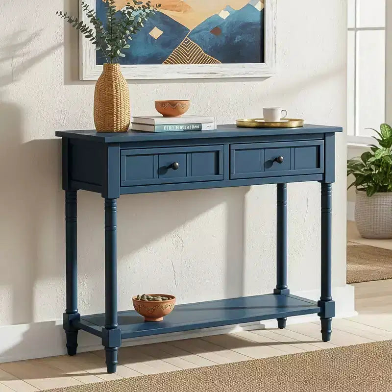 Console traditionnelle avec tiroirs et étagère, table d'entrée en pin de style vintage