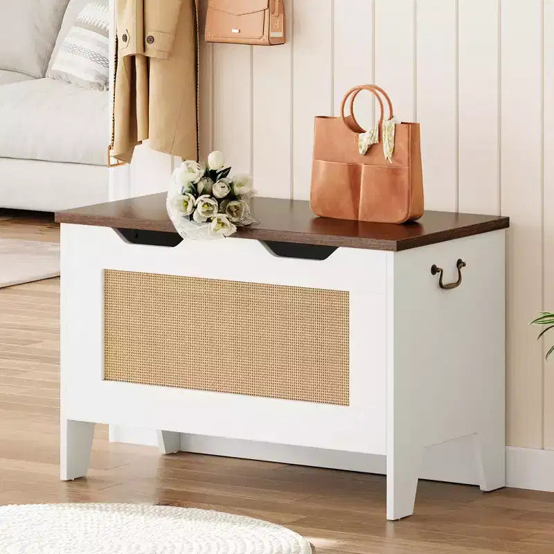 Coffre de rangement Banc de rangement en rotin avec charnière de sécurité, Coffre de rangement à couvercle rabattable
