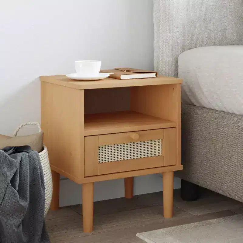Table de Chevet pour Chambre à Coucher Effet Rotin Bois Massif de Pin, Bois Usiné - Table de Nuit
