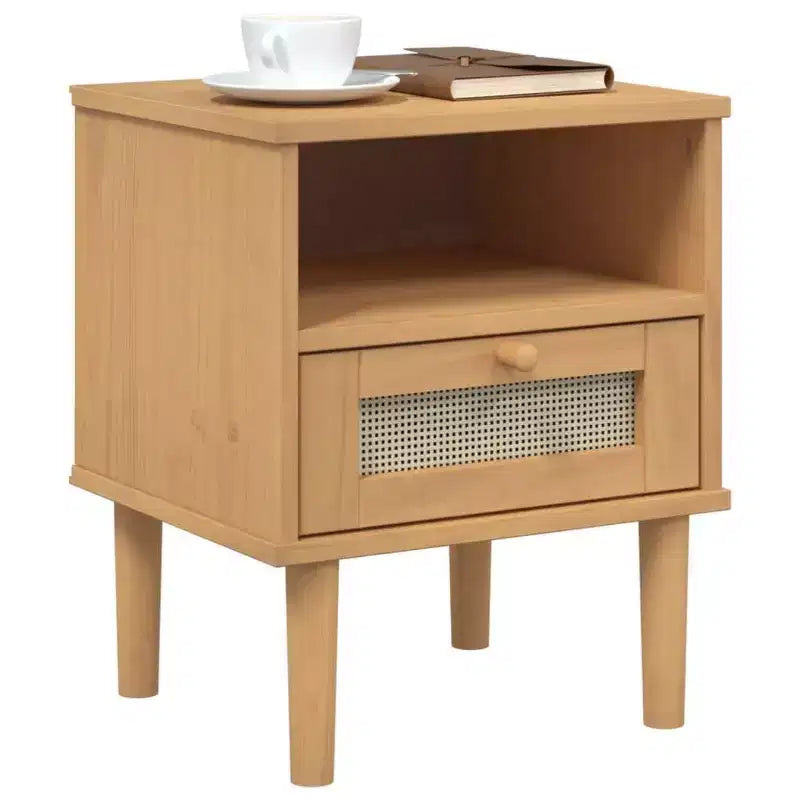 Table de Chevet pour Chambre à Coucher Effet Rotin Bois Massif de Pin, Bois Usiné - Table de Nuit