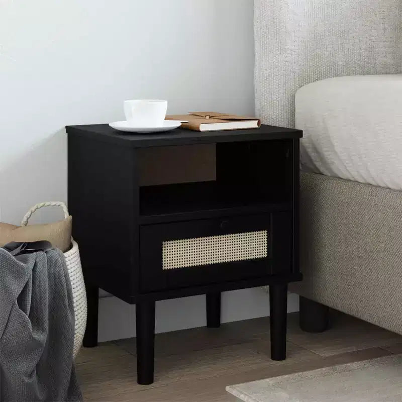 Table de Chevet pour Chambre à Coucher Effet Rotin Bois Massif de Pin, Bois Usiné - Table de Nuit