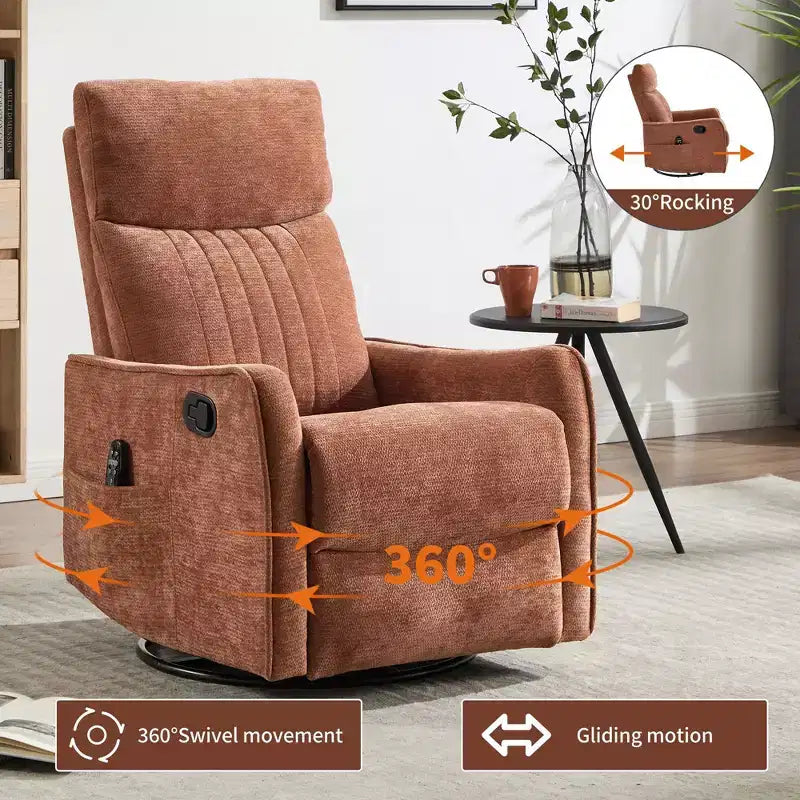 Fauteuil inclinable manuel Chenille orange avec fonction de massage chauffant, de bascule et de pivotement