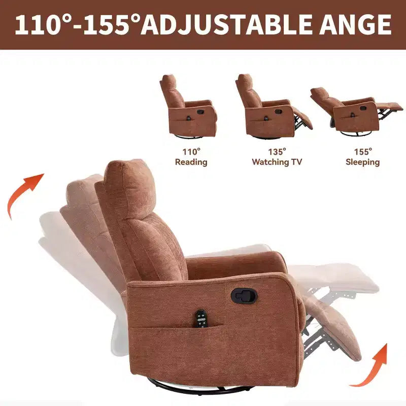 Fauteuil inclinable manuel Chenille orange avec fonction de massage chauffant, de bascule et de pivotement
