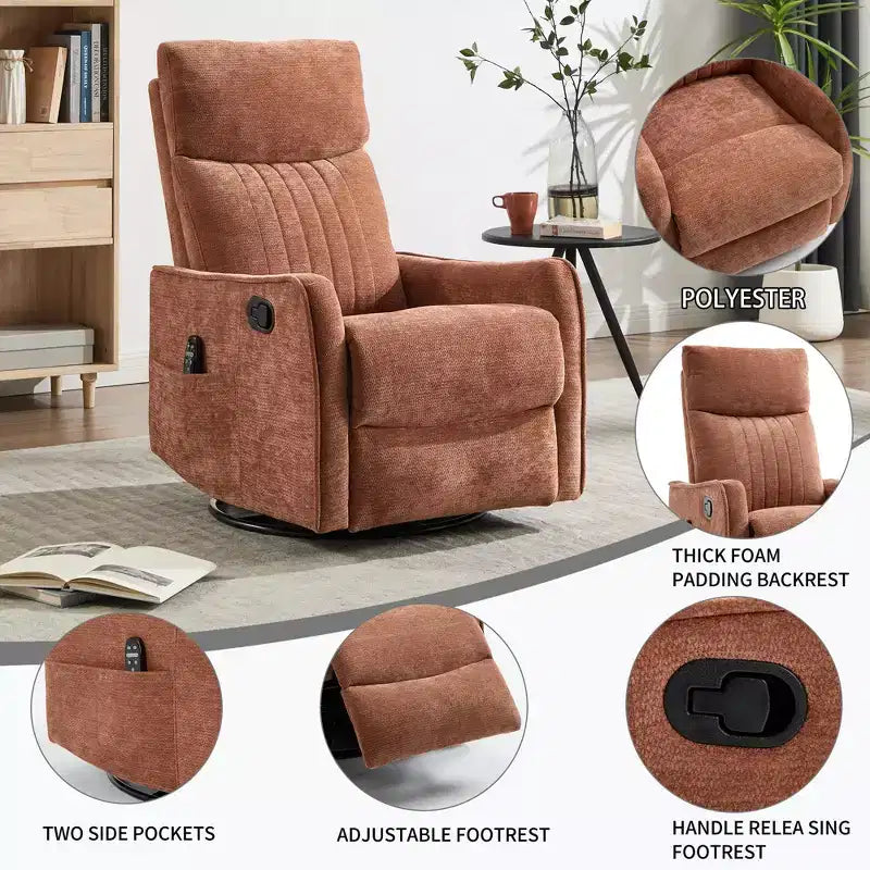 Fauteuil inclinable manuel Chenille orange avec fonction de massage chauffant, de bascule et de pivotement